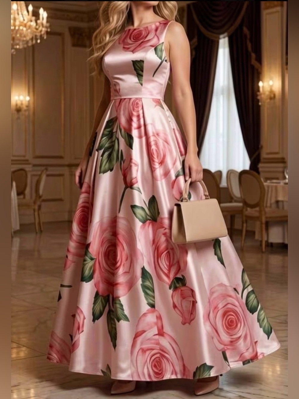 Stylist Pink Floral Satin Evening Dress